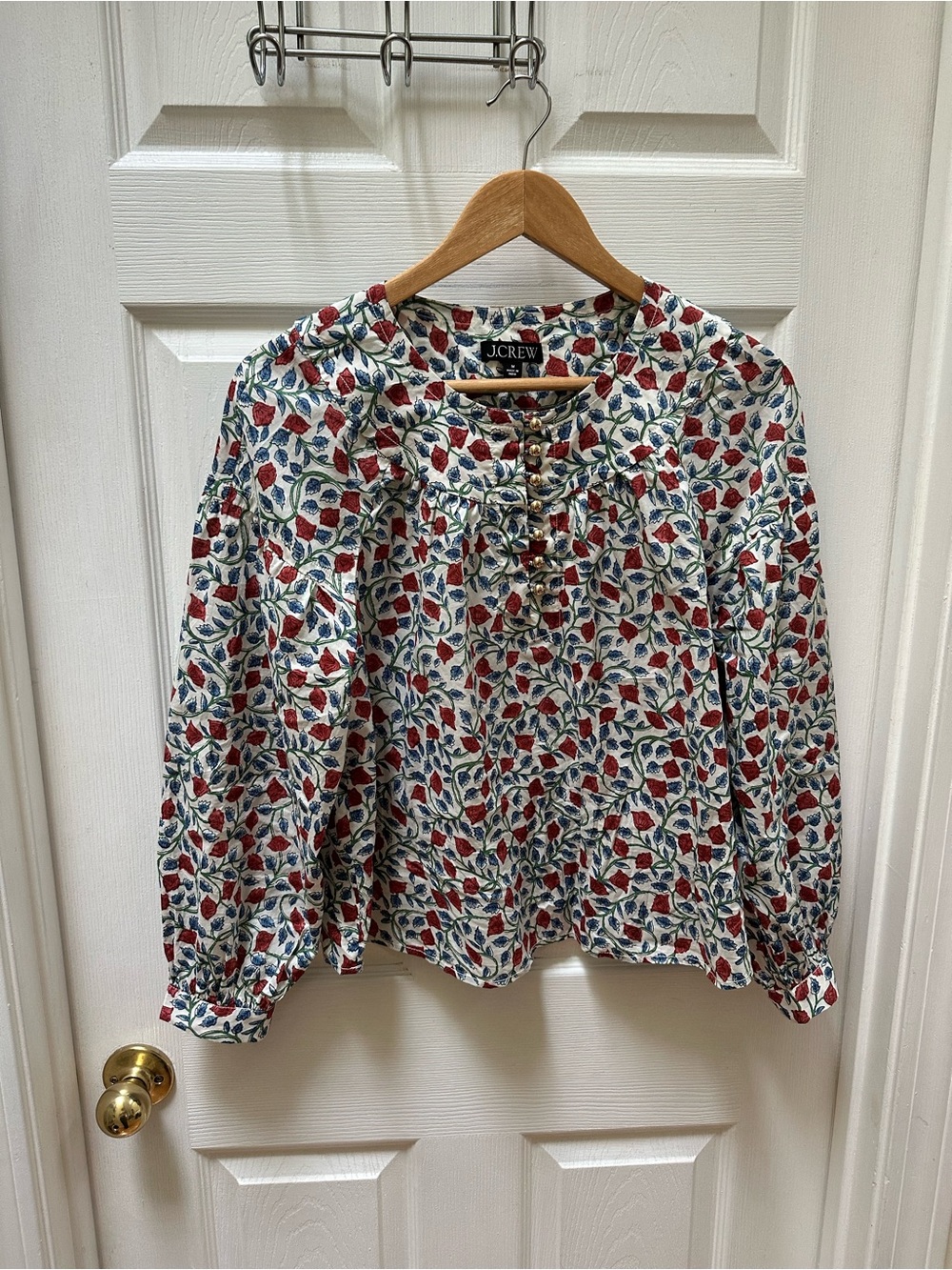 J. Crew Shirred Popover Top in Rosewood Floral White red Button-Front top m